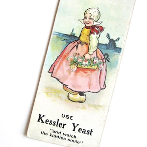 Victorian trade card, Dutch girl, Kessler Yeast advertising paper bookmark, tulips, Columbus, Ohio, Holland, Netherlands, pink, blue, spring