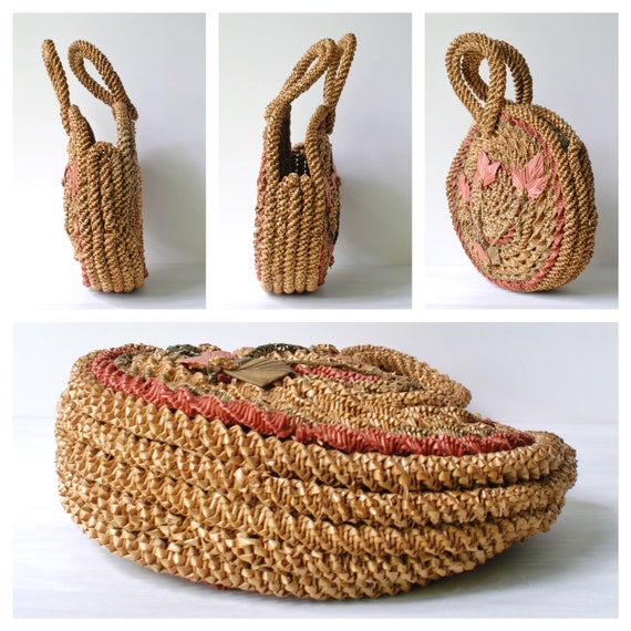 Vintage straw 12" round handbag, floral boho chic… - image 4