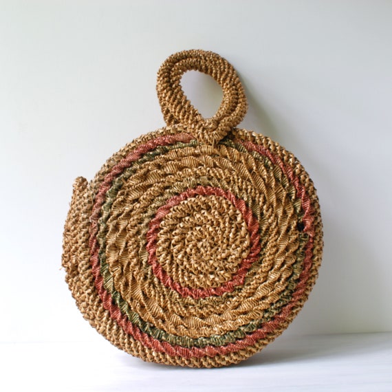 Vintage straw 12" round handbag, floral boho chic… - image 3