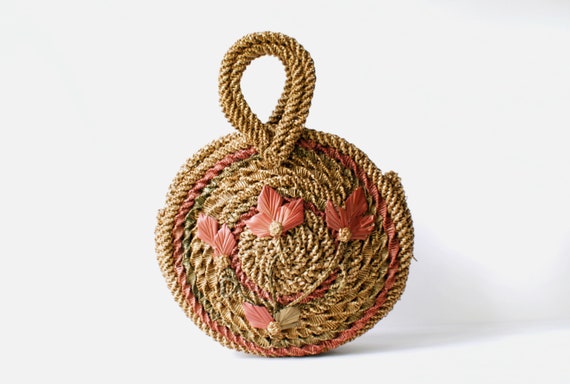 Vintage straw 12" round handbag, floral boho chic… - image 2