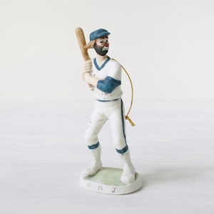 Vintage Emmett Kelly Jr baseball player Christmas tree ornament, ceramic figurine Weary Willie clown, 1980s, Flambro #9673, Taiwan, kitsch