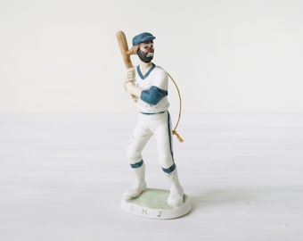 Vintage Emmett Kelly Jr baseball player Christmas tree ornament, ceramic figurine Weary Willie clown, 1980s, Flambro #9673, Taiwan, kitsch