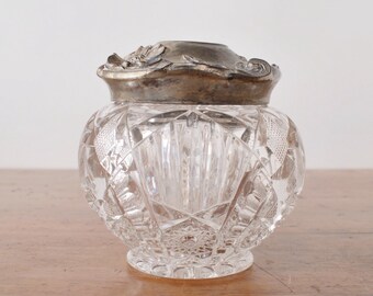 Antique hair receiver, art nouveau vanity jar, pressed glass, dogwood flower silverplate metal lid , Victorian era, vintage 1900s, crystal