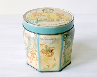 vintage Jack et le conteneur en étain Beanstalk lidded fabriqué en Angleterre, Metal Box Co., boîte de caramel, boîte litho en étain, contes de fées, décor de pépinière