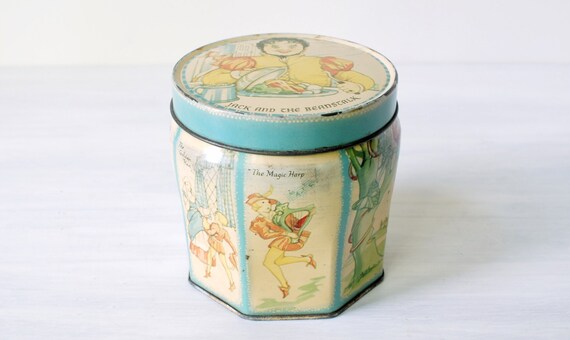 Vintage Jack and the Beanstalk Tin Lidded Container Made in