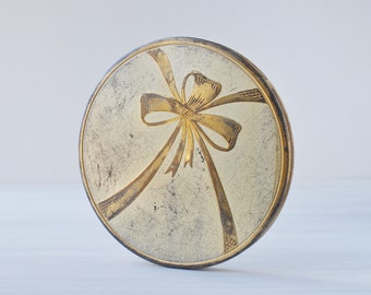 Vintage ladies powder compact, embossed ribbon and bow in two tone gold, distressed, pressed powder sifter box, mirror, 1920s flapjack