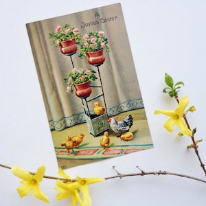 Antique Easter postcard, potted spring flowers on plant stand, hen, chickens, Victorian, EAS, E. A. Schwerdtfeger & Co., Germany, vintage