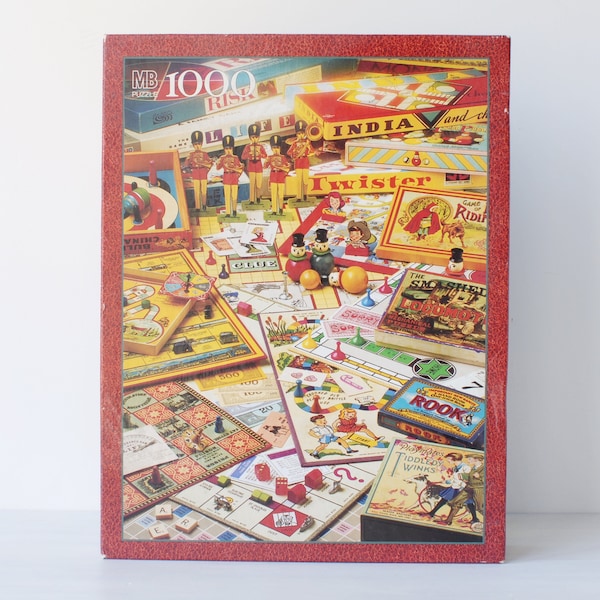 Vintage jigsaw puzzle, MISSING 2 PIECES, antique board games 1,000 piece Milton Bradley 1995, large picture puzzle, Parker Brothers, family