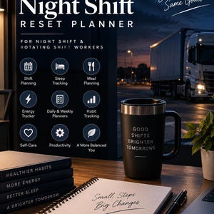 May include: A Night Shift Reset Planner digital download featuring a black mug with the text Good Shifts Brighter Tomorrows, a spiral-bound notebook with the text Small Steps Big Changes, and a stack of books labeled Healthier Habits More Energy.