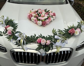 Decoraciones para coches, decoraciones de boda con rosas antiguas, lazos de eucalipto para coches, decoraciones para novios, rosa de seda, corazón con ventosas, decoración de boda, rosa, rosa antigua, blanco