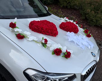 Autodecoratie oudroze bruiloft eucalyptus witte auto strikken bruidspaar zijden roos hart met zuignappen decoratie bruiloft rood wit