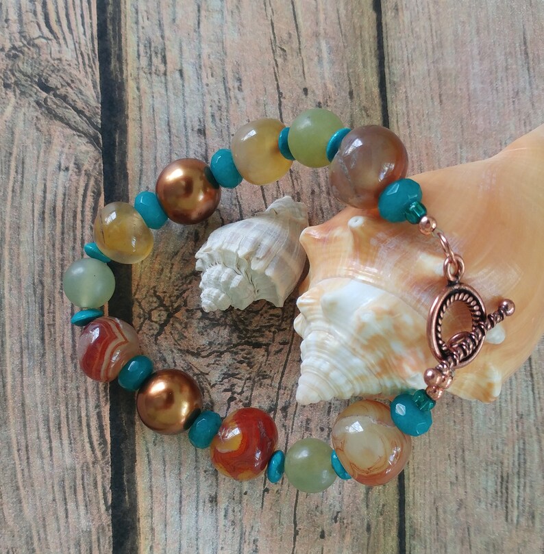 Copper Teal Bead Bracelet Green