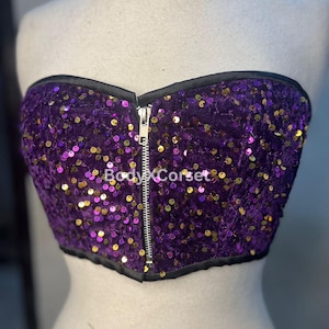 Purple Sequin Corset Top: Strapless Velvet Rave Bustier