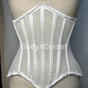 White Fishnet Mesh Waspie Corset – Underbust Longline Steel Boned Waist Trainer Sheer Gothic Corset, Festival Rave Corset Lingerie Corset