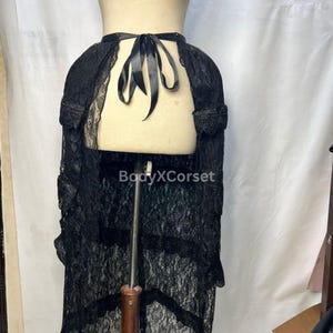 Victorian Gothic Black Lace Bustle Skirt | Layered Steampunk Overskirt for Cosplay, Costume, Festival, Burlesque & Gothic Fashion