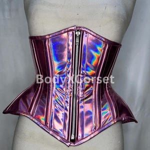 Purple Holographic Underbust Corset – Longline PVC Waist Trainer for Women – Shiny Festival Corset, Gothic Rave Corset, Custom Vinyl Corset