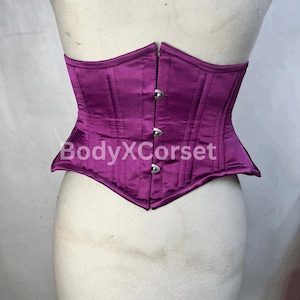 Purple Satin Underbust Corset – Short Curvy Waist Trainer with Steel Bones, Gothic Corset Top, Custom Fit Corset for Women
