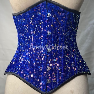 Royal Blue Sequin Underbust Corset Waist Trainer Sparkly Steel Boned Corset for Burlesque, Gothic, Steampunk, Drag, Cosplay, Festival Outfit