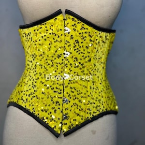 Yellow Sequin Corset Waist Trainer | Sparkly Burlesque Corset Top Boned Hourglass Corset Shiny Festival Rave Outfit Gothic Clubwear Costume