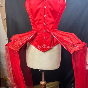 Red Satin Overbust Corset with Tulle Skirt Panels Victorian Burlesque Strapless Corset Costume Gothic Steampunk Corset for Cosplay & Events