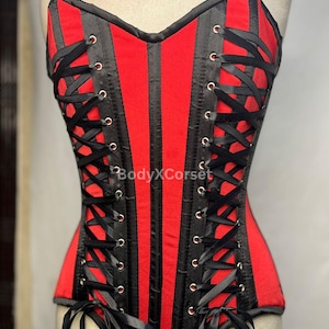 Red Black Steel Boned Corset Top Gothic Overbust Waist Trainer | Victorian Burlesque Corset for Women Lace-Up Corset for Cosplay & Lingerie
