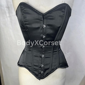 Black Satin Strapless Overbust Corset – Longline Steel Boned Waist Trainer Bustier – Gothic Corset Top for Women – Curvy Corset Lingerie