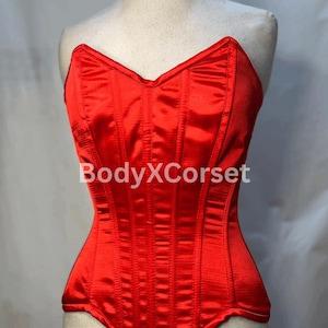 Red Satin Overbust Corset Long Torso | Curvy Fit Waist Trainer | Gothic Victorian Corset Top | Burlesque Corset for Women | Bridal Corset