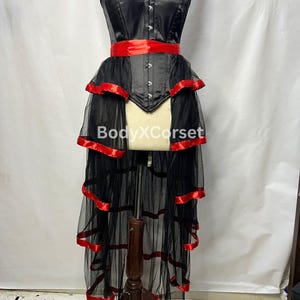 Gothic Corset Dress: Red Ribbon High-Low Skirt, Burlesque Costume Sexy Cosplay Outfit