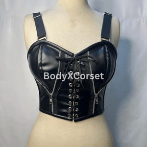 Black Faux Leather Corset Top with Zipper Front – Gothic Punk Bustier, Adjustable Strap Corset, Festival Top, Alt Clubwear Outfit