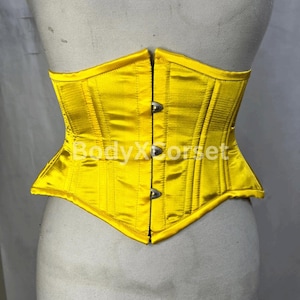 Yellow Satin Underbust Corset – Short Curvy Steel Boned Waist Trainer – Vintage Tight Lacing Corset – Gothic Steampunk Corset for Women