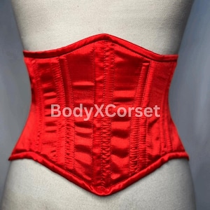 Red Satin Underbust Corset – Waist Training Longline Corset for Women – Gothic Burlesque Corset Top, Steel Boned Vintage Waist Cincher