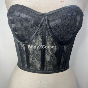 Black Lace Strapless Corset Top – Gothic Boned Bustier Lingerie | Elegant Sheer Gothic Top | Sexy Lace Corset Top, Gothic, Bridal, Burlesque