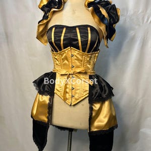 Steampunk Corset Dress: Black & Gold Burlesque Costume with Ruffle Collar