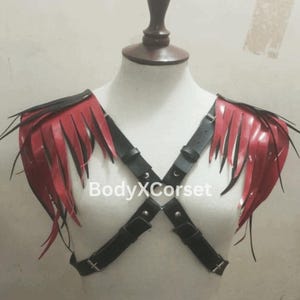 Red & Black Fringe Shoulder Harness: Cosplay Rave Leather Epaulets