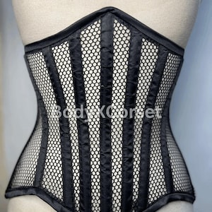 Black Mesh Underbust Corset Long Torso | Fishnet Waspie Waist Trainer | Steel Boned Gothic Corset | Sheer Festival Waist Cincher Shapewear