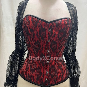 Red & Black Floral Lace Corset Top with Puff Mesh Sleeves Gothic Victorian Steel Boned Corset Dress Waist Trainer Renaissance Cosplay Corset