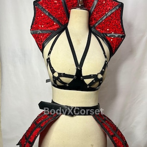 Red Sequin Cage Skirt & Harness Bra Set with Fan Collar | Festival Rave Outfit | Burlesque Showgirl Costume | Gothic Cosplay Lingerie