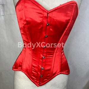 Red Overbust Longline Corset – Satin Curvy Corset Top for Waist Training, Gothic Lingerie, Steampunk Bustier, Vintage Bridal Corset