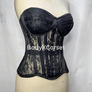 Order Now – Black Lace Corset Top for Women, Sheer Bustier Lingerie, Gothic Strapless Corset, Sexy Mesh Waist Cincher, Burlesque Outfit