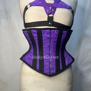 Gothic Purple and Black Underbust Corset with Pentagram Harness | Steel Boned Waist Trainer Festival, Cosplay, Burlesque, Steampunk Lingerie