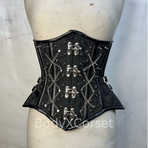 Black Brocade Gothic Corset Top With Silver Chains Waist Corset Burlesque Bustier Steel Boned Underbust Leather Corset Top Steampunk Costume