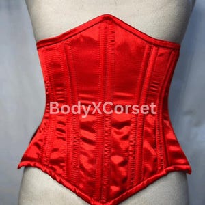 Red Satin Longline Underbust Corset – Steel Boned Waspie Waist Trainer for Women, Gothic Burlesque Corset Belt, Vintage Slimming Corset Top