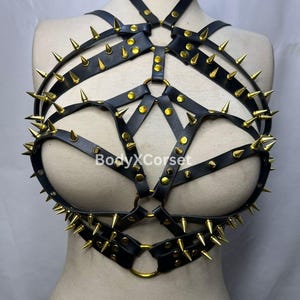 Spiked Faux Leather Chest Harness Bra: Gothic Rave Cage Top Rave Fetish Outfit