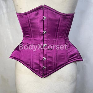 Purple Satin Underbust Corset – Long Curvy Steel Boned Waist Trainer – Gothic Victorian Corset – Plus Size Corset for Women – Lacing Corset