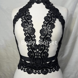 Black Lace Applique Halter Bralette Top – Gothic Festival Crop Top – Sheer Backless Lingerie Top – Steampunk Burlesque Harness Bra