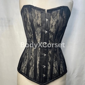 Black Lace Overbust Corset Top – Longline Steel Boned Gothic Waist Trainer – Sheer Burlesque Corset for Women – Sexy Lingerie Bustier