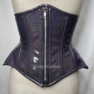 Corset Cincher Taille à Armatures en Acier Holographique – Corset Overbust Gothique en PVC Noir avec Fermeture Zippée – Waist Trainer Fetish