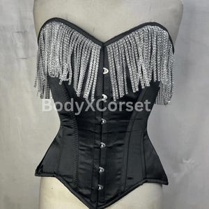 Handmade Black Satin Fringe Corset: Burlesque Gothic Overbust Bustier Vintage Showgirl Waist Trainer