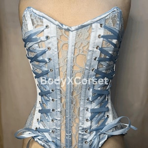 Light Blue Lace Corset Top with Satin Ribbon, Overbust Bustier Corset, Bridal Blue Lingerie, Gothic Victorian Waist Trainer, Festival Outfit