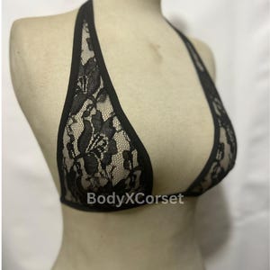 Black Lace Triangle Bralette Top – Sheer Halter Lingerie Bra Adjustable Tie Back Bralette Sexy Festival Rave Outfit Handmade Lace Intimates